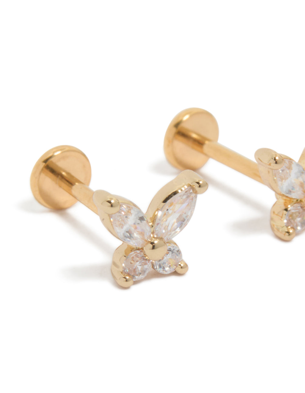 Showcasing butterfly stud earrings with cubic zirconia stones, crafted from gold plated titanium and flat back closure in a close up view