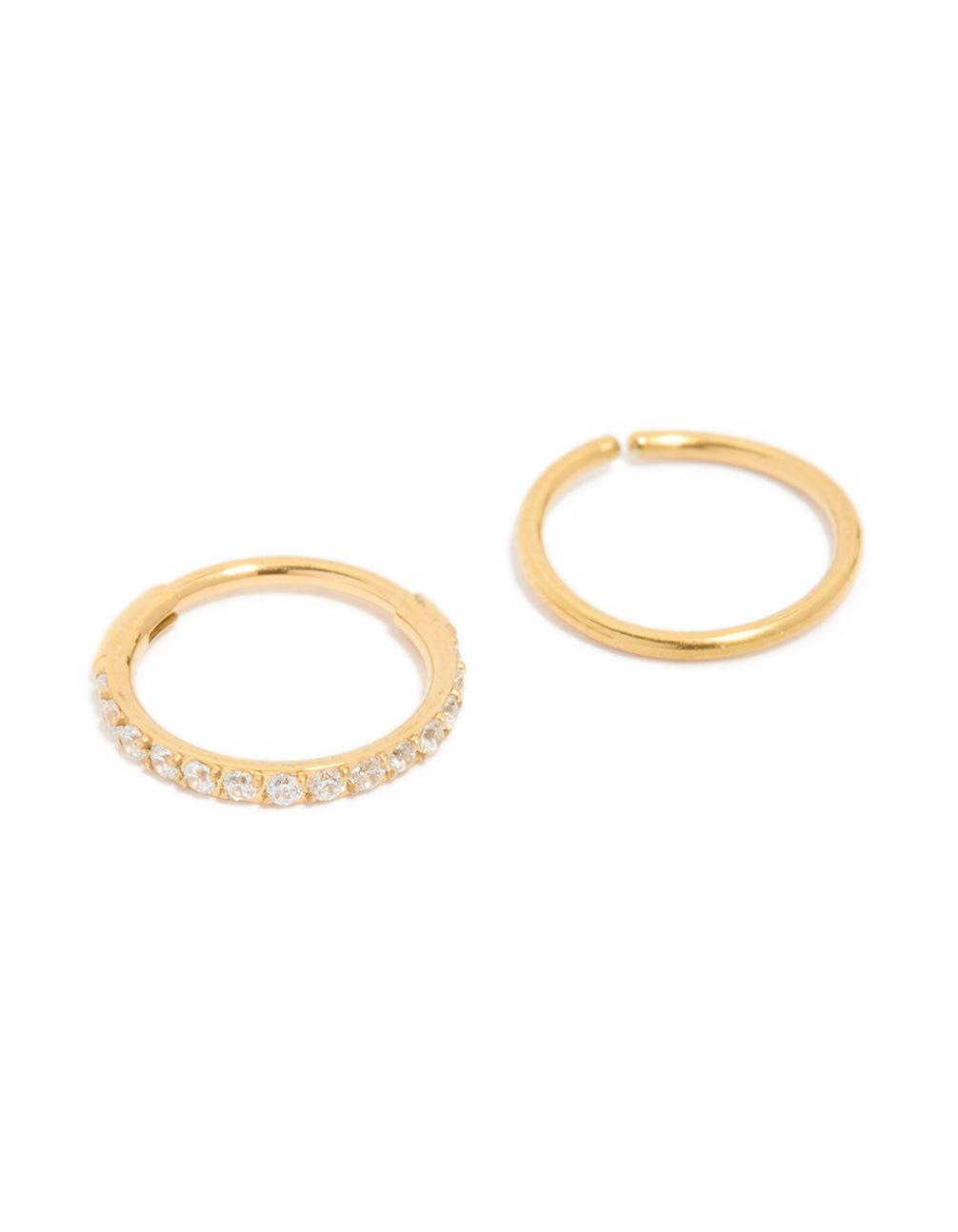 Featuring gold plated surgical steel cubic zirconia hinged and plain nose rings in a 2-pack with hoop closure detail view