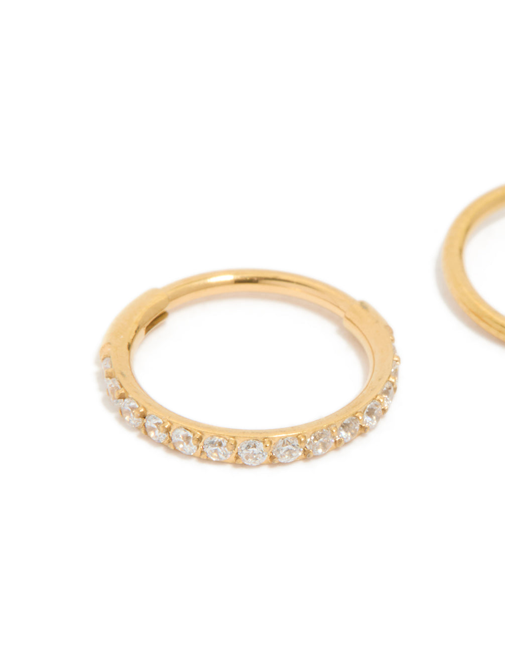 Featuring gold plated surgical steel cubic zirconia hinged and plain nose rings in a 2-pack with hoop closure detail view