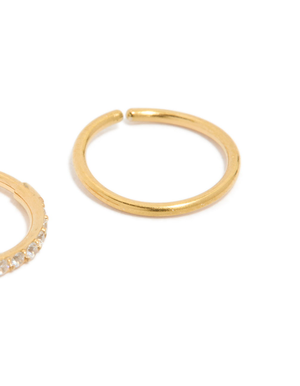 Featuring gold plated surgical steel cubic zirconia hinged and plain nose rings in a 2-pack with hoop closure detail view