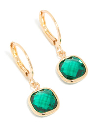 Gold Dark Green Diamante Square Huggie Earrings - link has visual effect only