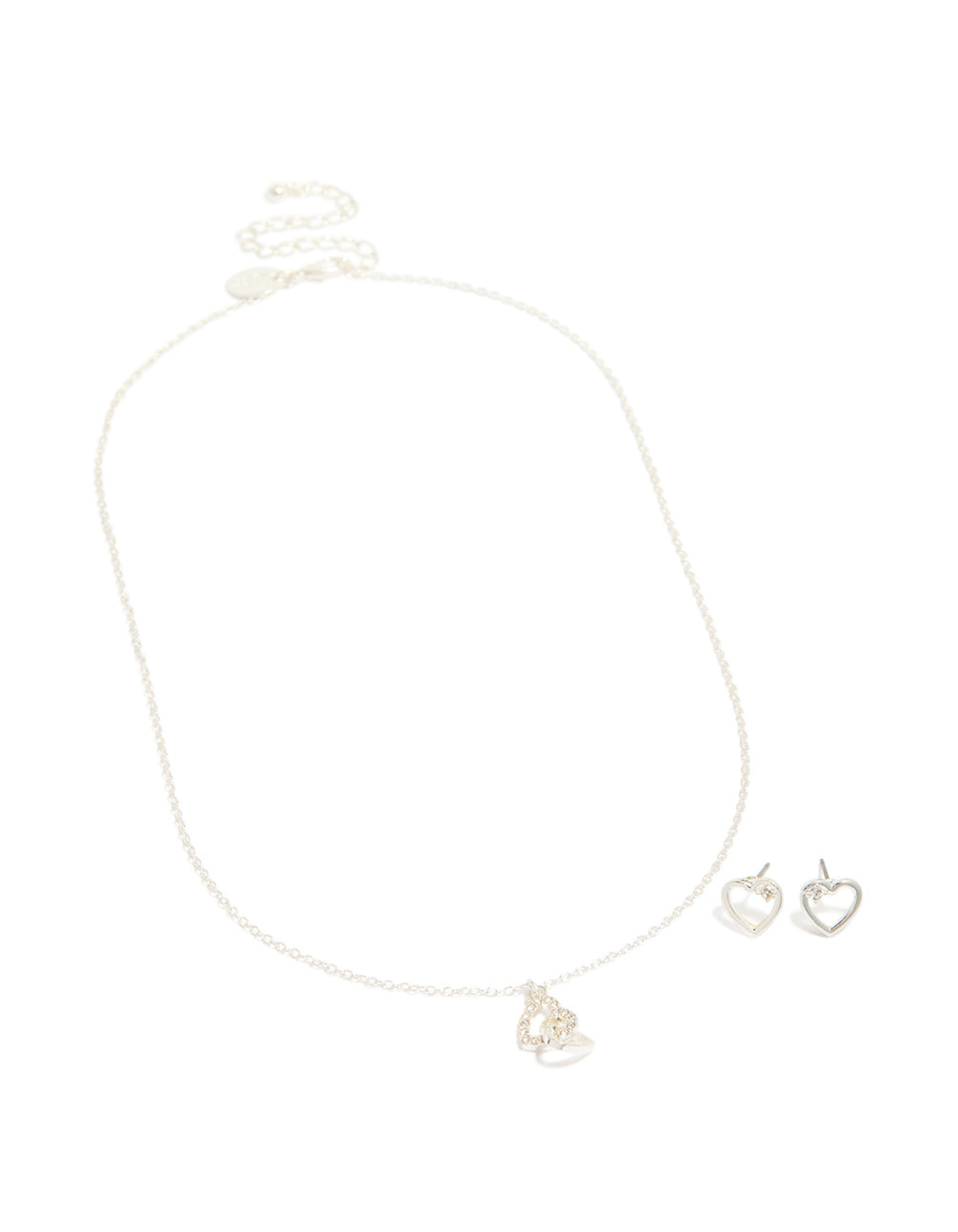 Silver Link Heart Diamante Necklace & Heart  Earrings Set