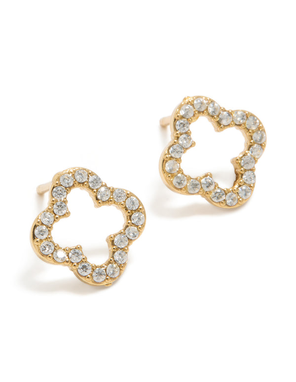 Waterproof Gold Plated Stainless Steel Cubic Zirconia Outline Flower Stud Earrings