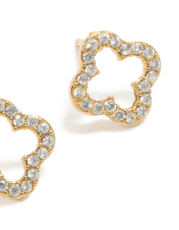 Waterproof Gold Plated Stainless Steel Cubic Zirconia Outline Flower Stud Earrings