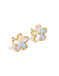 Beautifully crafted waterproof gold plated stainless steel flower stud earrings featuring floral design with lavender, light blue, and light yellow enamel front view - link has visual effect only