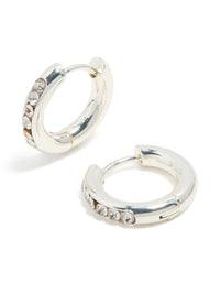 Elegant waterproof stainless steel round diamante clicker hoop earrings in silver front view - link has visual effect only