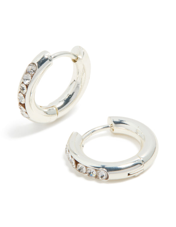 Elegant waterproof stainless steel round diamante clicker hoop earrings in silver front view