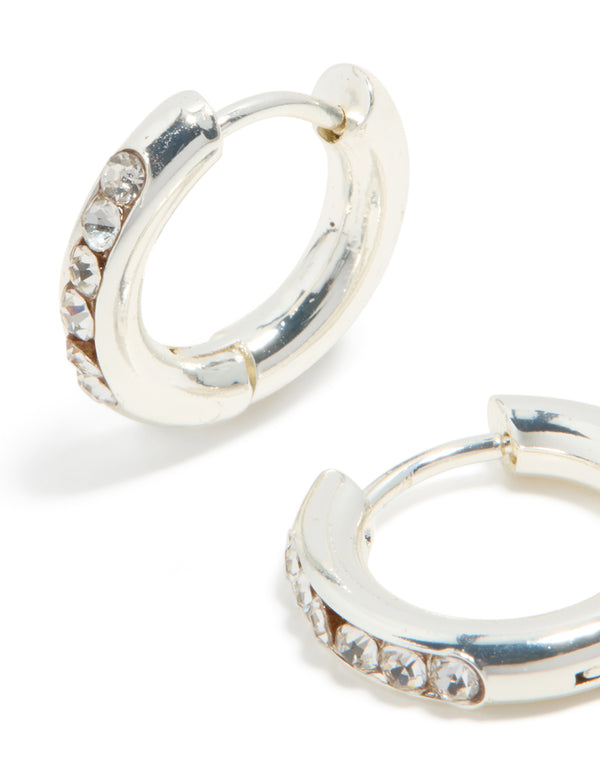 Detailed view of waterproof stainless steel round diamante clicker hoop earrings in silver close up view
