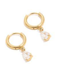 Dainty waterproof gold plated stainless steel huggie earrings featuring pear cut cubic zirconia charm front view - link has visual effect only