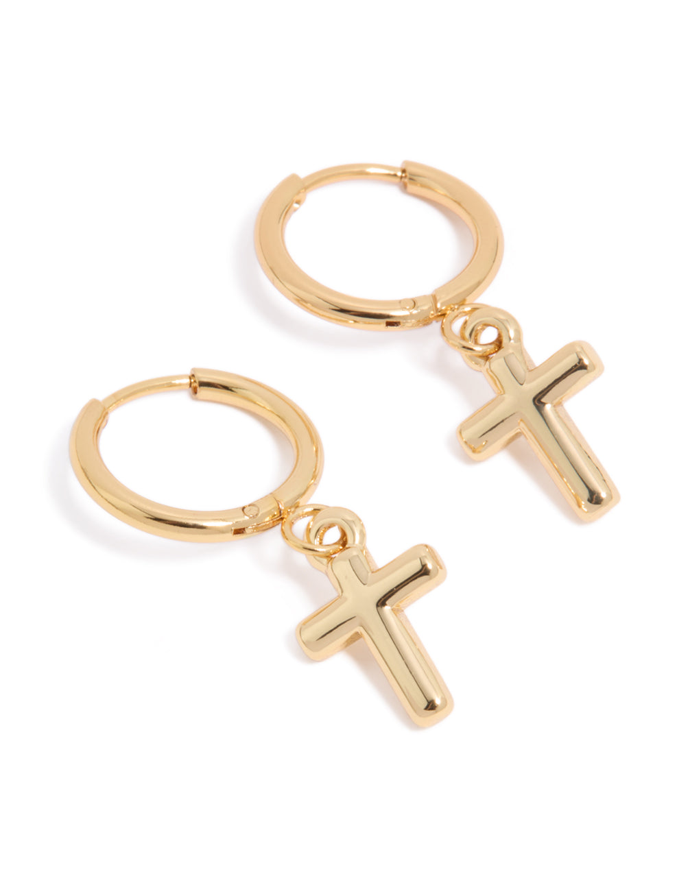 Featuring waterproof gold plated stainless steel cross huggie earrings front view