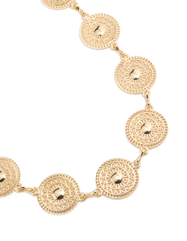 Featuring a gold filigree circle belt with embellished waisted statement detail view