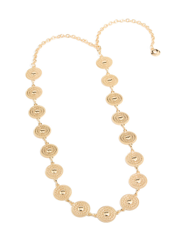 This gold filigree circle belt showcases embellished waisted statement front view