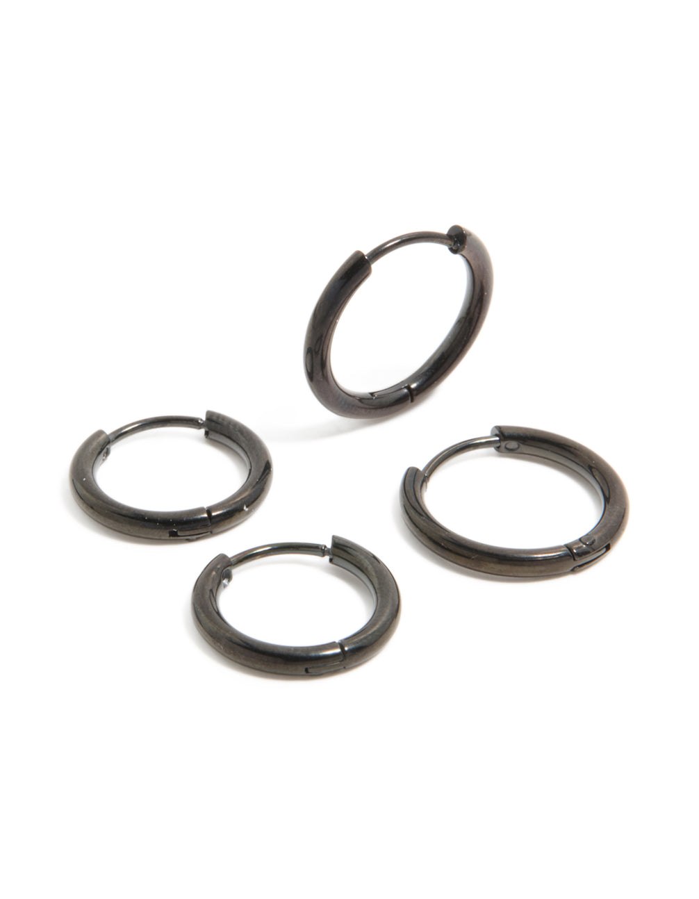 Featuring mens waterproof black coated stainless steel huggie earrings in a 2-pack front view