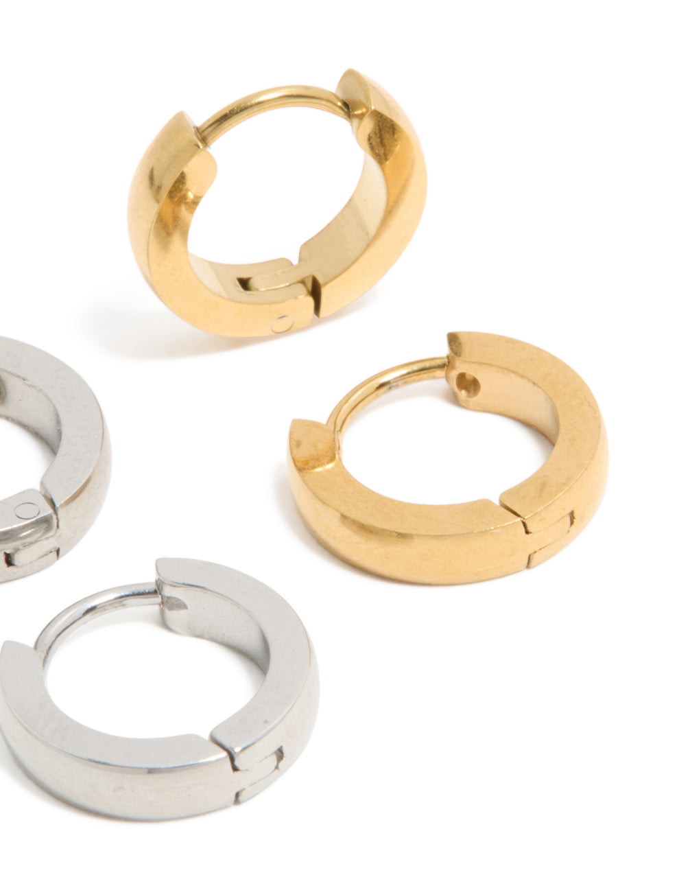 Mens waterproof mixed plated stainless steel huggie earrings 2-pack featuring gold and silver post detail view