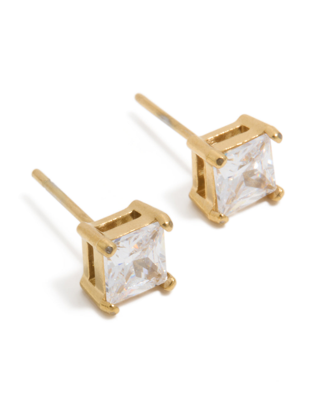 Featuring mens waterproof small square cubic zirconia stud earrings in gold plated stainless steel front view