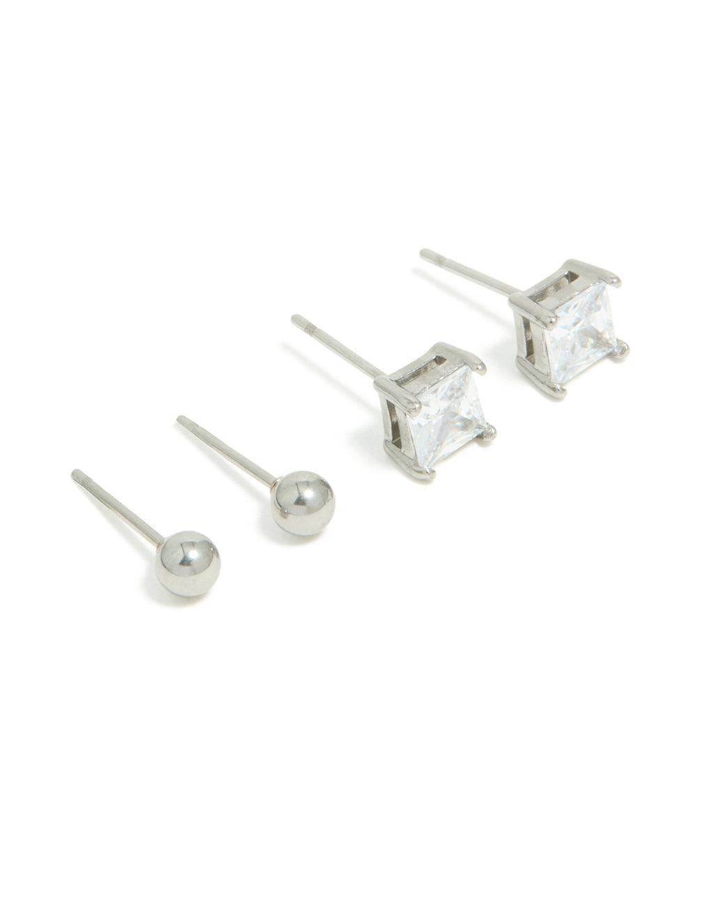 Discover mens waterproof stainless steel square cubic zirconia and ball earrings 2 pack with stud closure front view