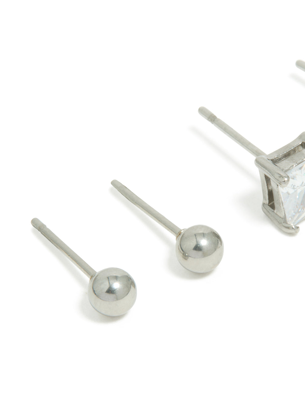 Featuring mens waterproof stainless steel square cubic zirconia and ball earrings 2 pack close up view