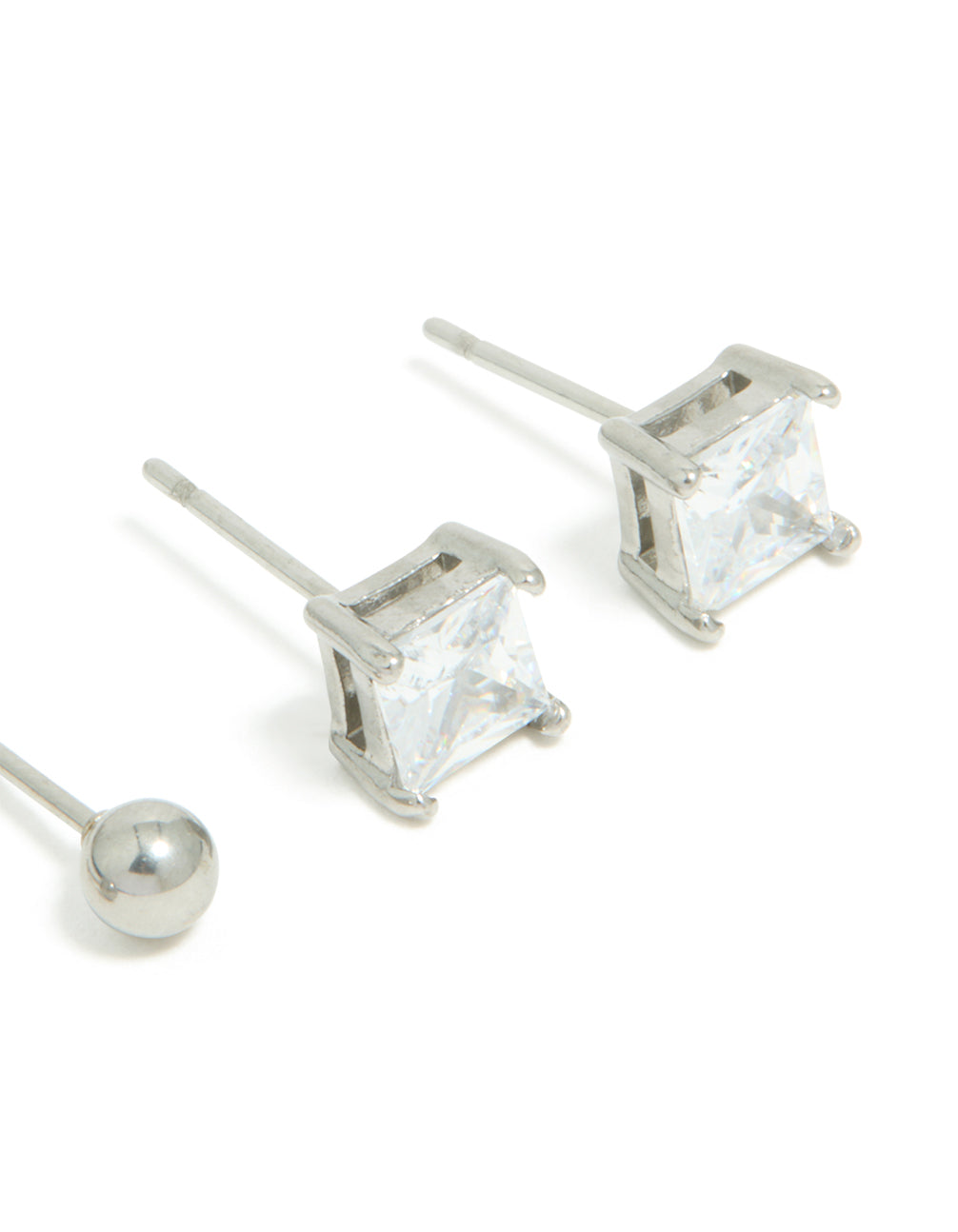 Finely crafted mens waterproof stainless steel square cubic zirconia and ball earrings 2 pack post detail view