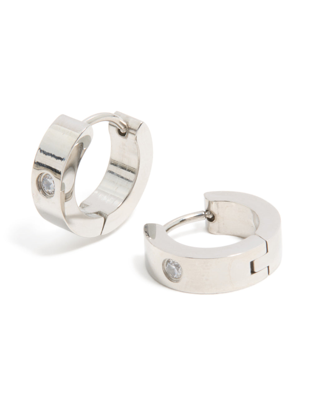 Featuring mens waterproof stainless steel cubic zirconia huggie earrings front view