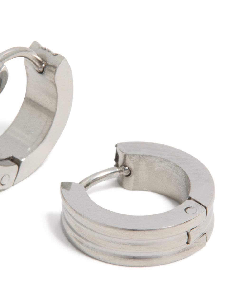 Presenting mens waterproof stainless steel ribbed huggie earrings in silver post detail view