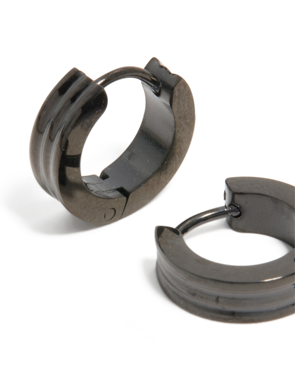Mens Waterproof Black Coated Stainless Steel Ribbed Huggie Earrings