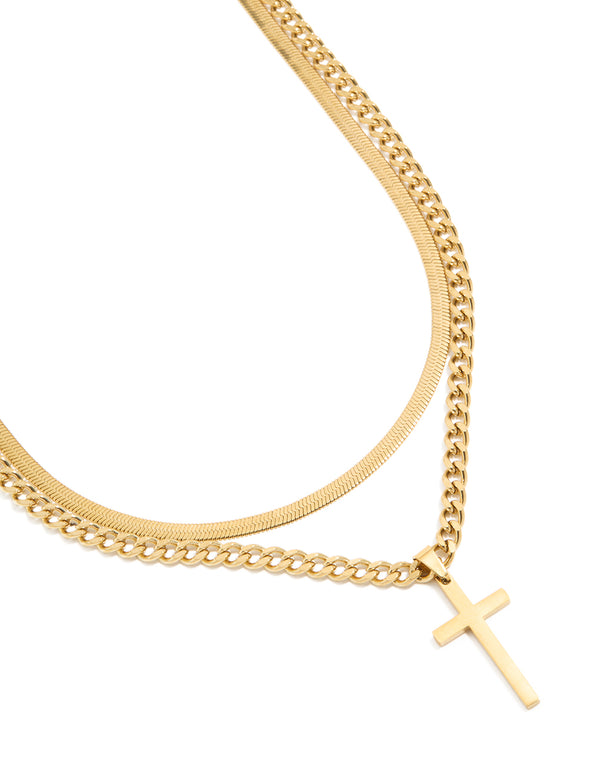 Mens Waterproof Gold Plated Stainless Steel Cross & Snake Chain Layered Necklace