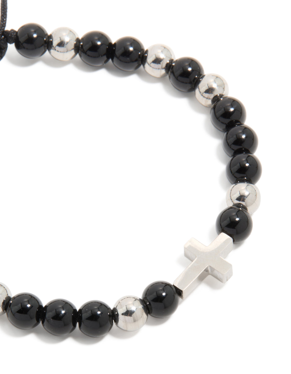 Featuring a mens waterproof stainless steel black beaded and cross cord bracelet in close up view
