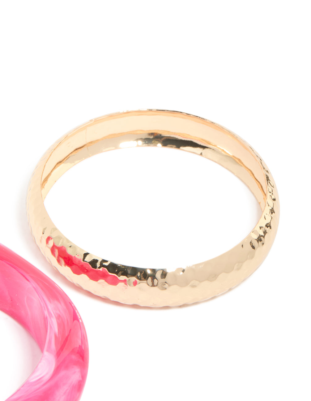 Featuring hot pink acrylic bangle with marbled finish close up view