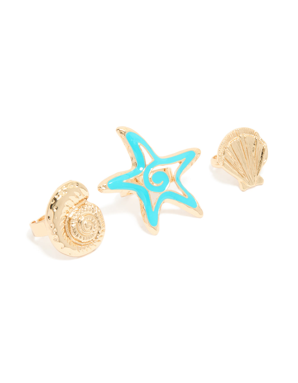 Gold Light Blue Enamel & Sea Life Rings 3-Pack