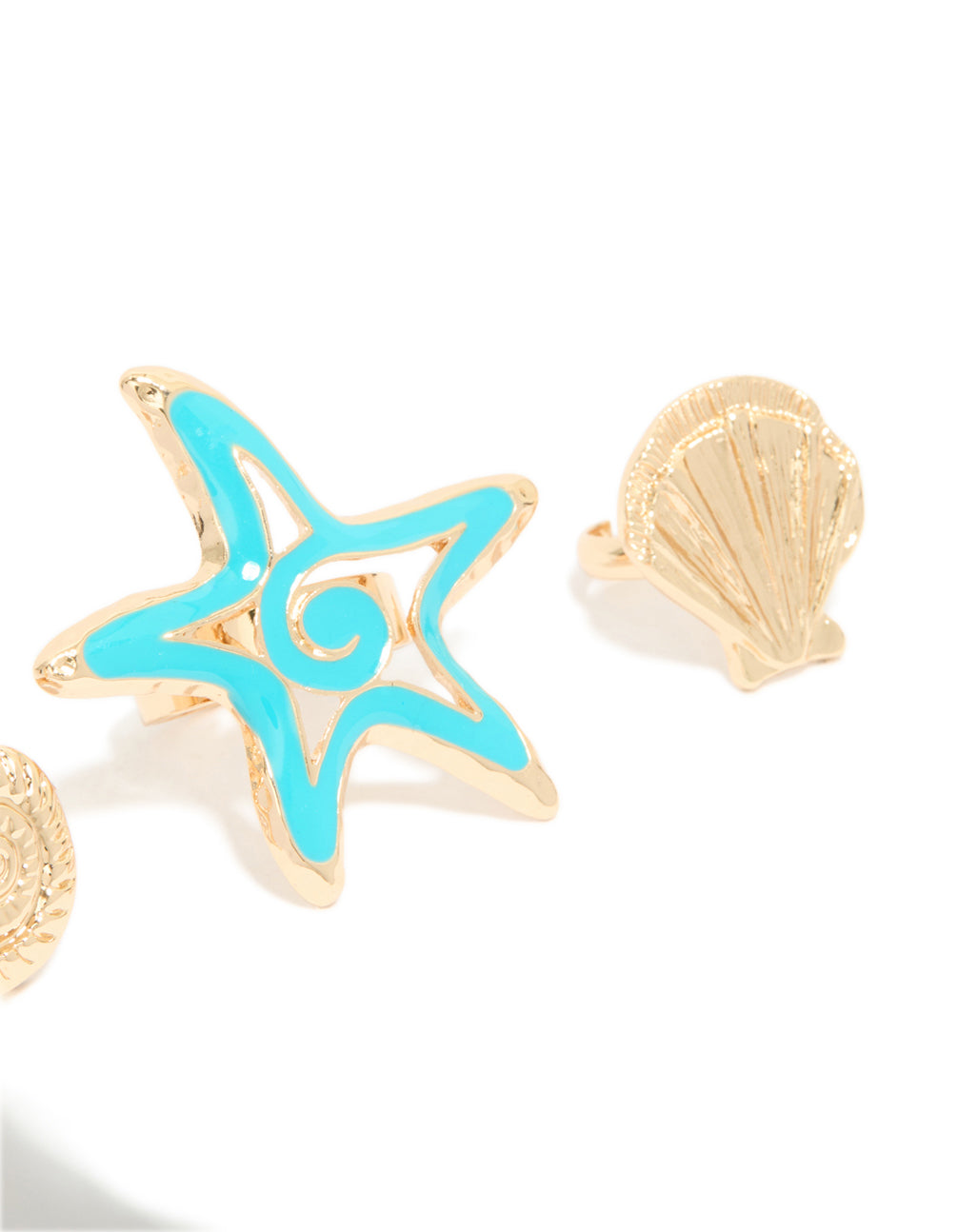Gold Light Blue Enamel & Sea Life Rings 3-Pack