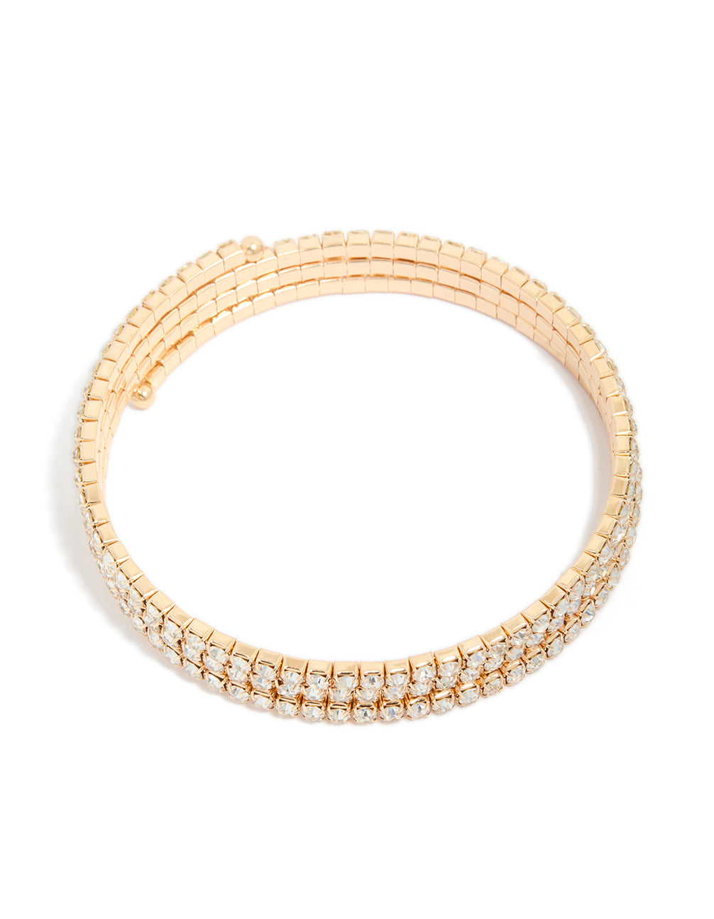Showcasing a gold diamante wrap round arm cuff with statement styling in front view