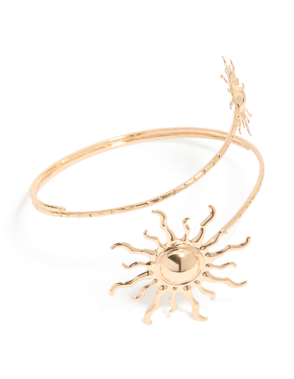 Showcasing a gold double sun arm cuff with celestial design and statement style in front view