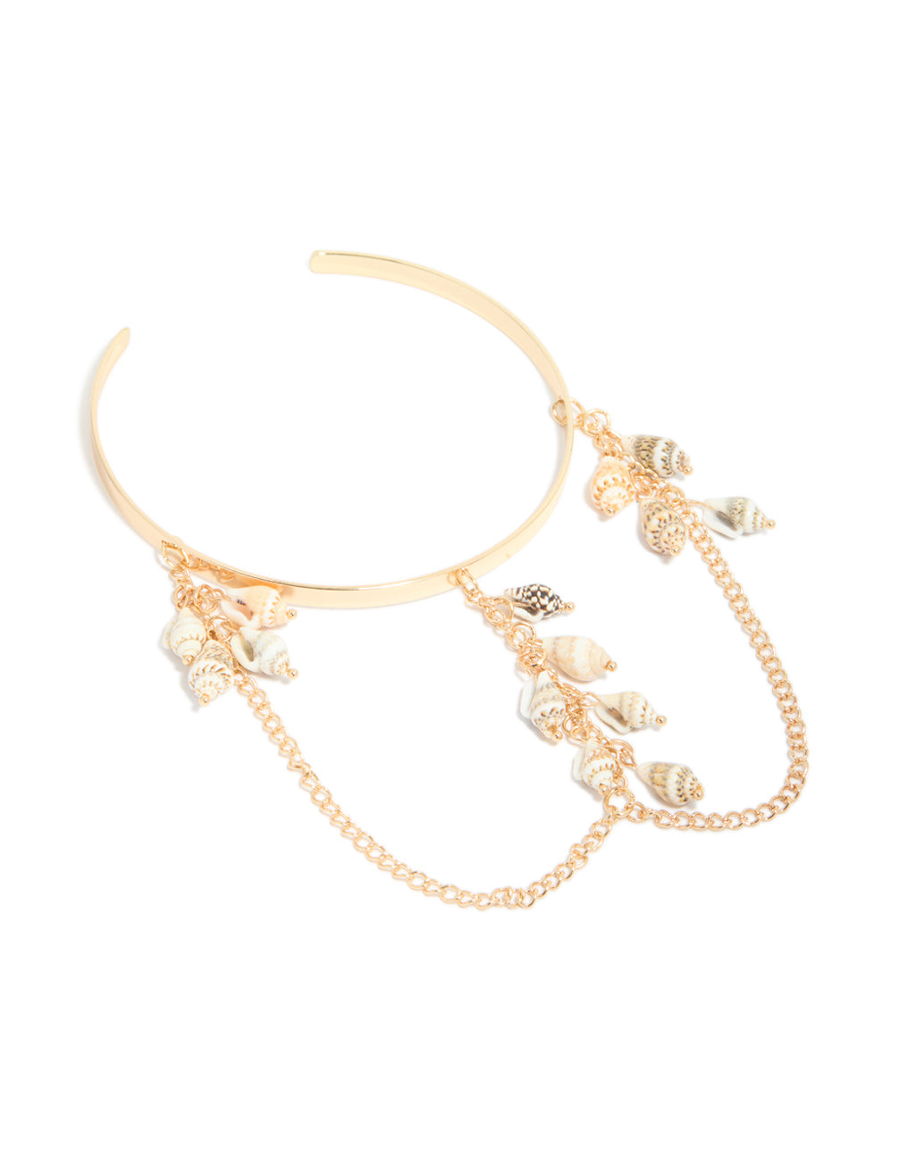 Showcasing a gold chain and shells arm cuff with ocean-inspired charms featuring seashell accents in front view