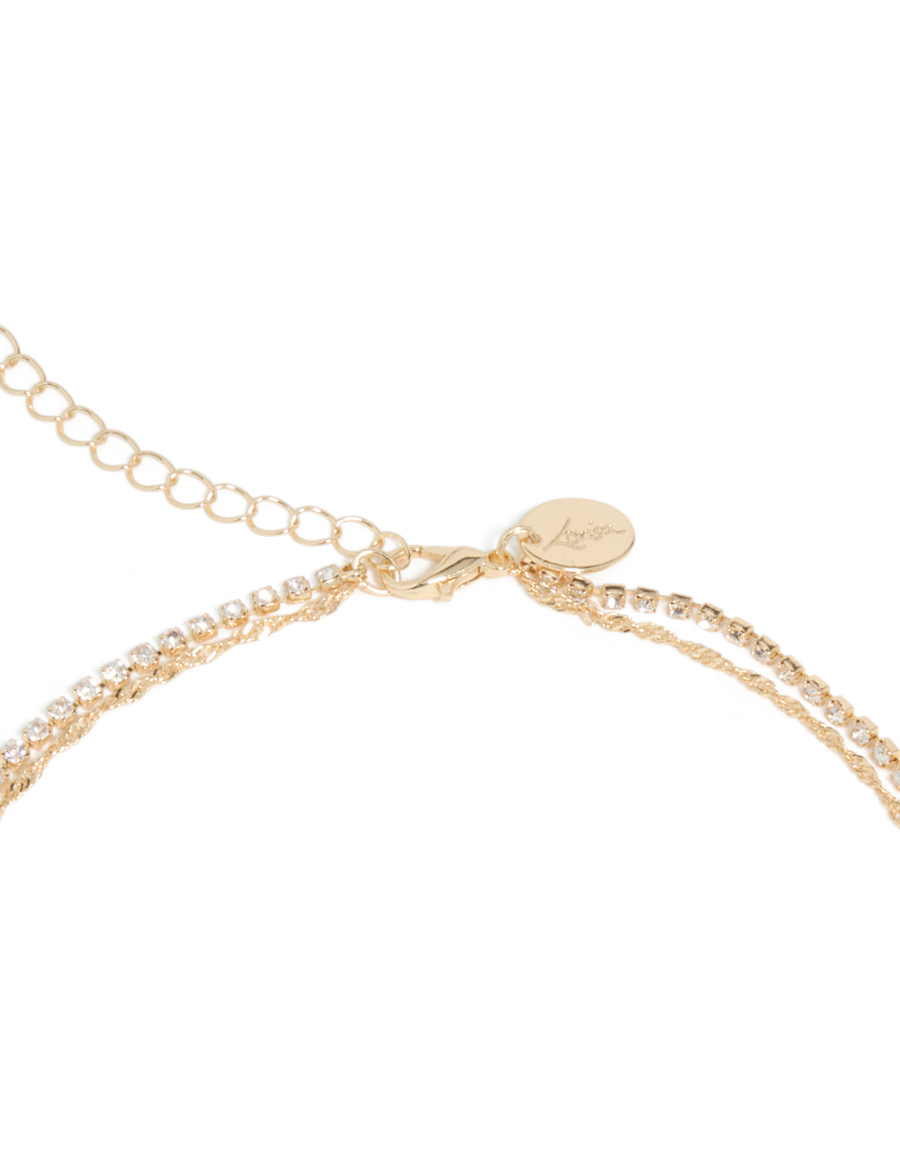 Featuring a gold double-layered waist chain with embellished crystal cubic zirconia detail view.