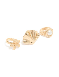 Gold Textured Starfish & Shell Rings 3-Pack - link has visual effect only