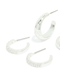 Silver Plated Cubic Zirconia & Smooth Hoop Earrings 2-Pack - link has visual effect only