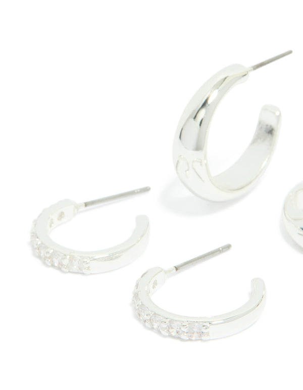 Silver Plated Cubic Zirconia & Smooth Hoop Earrings 2-Pack