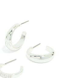 Silver Plated Cubic Zirconia & Smooth Hoop Earrings 2-Pack - link has visual effect only