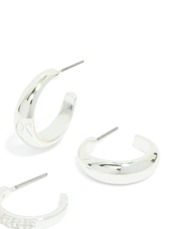 Silver Plated Cubic Zirconia & Smooth Hoop Earrings 2-Pack