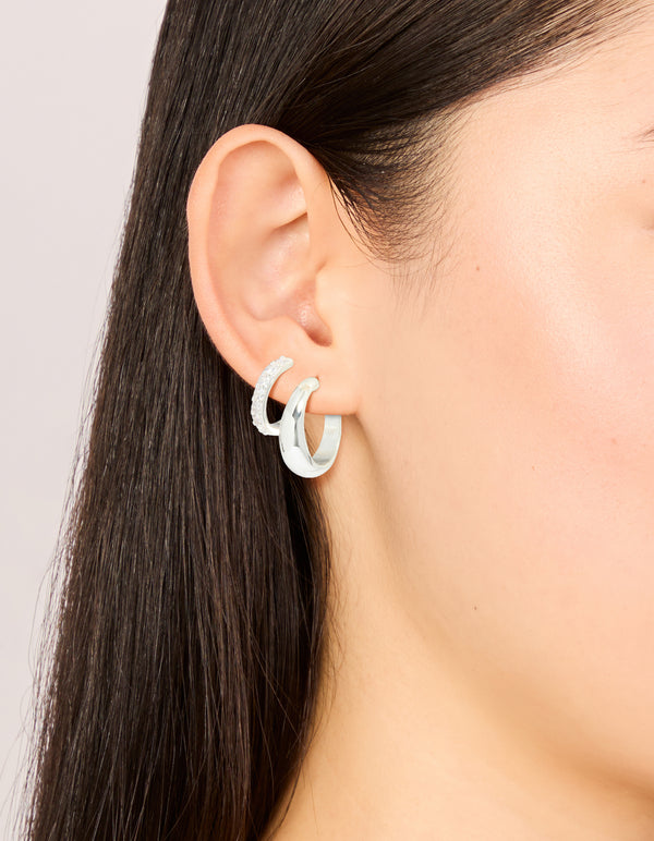 Silver Plated Cubic Zirconia & Smooth Hoop Earrings 2-Pack