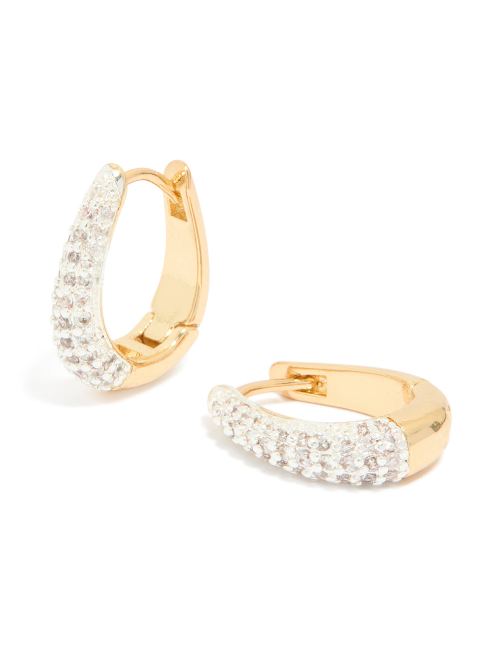 Featuring mixed metal plated small cubic zirconia teardrop huggie earrings with hoop closure in gold front view