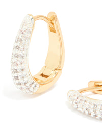 Highlighting mixed metal plated small cubic zirconia teardrop huggie earrings with hoop closure in gold close up view - link has visual effect only