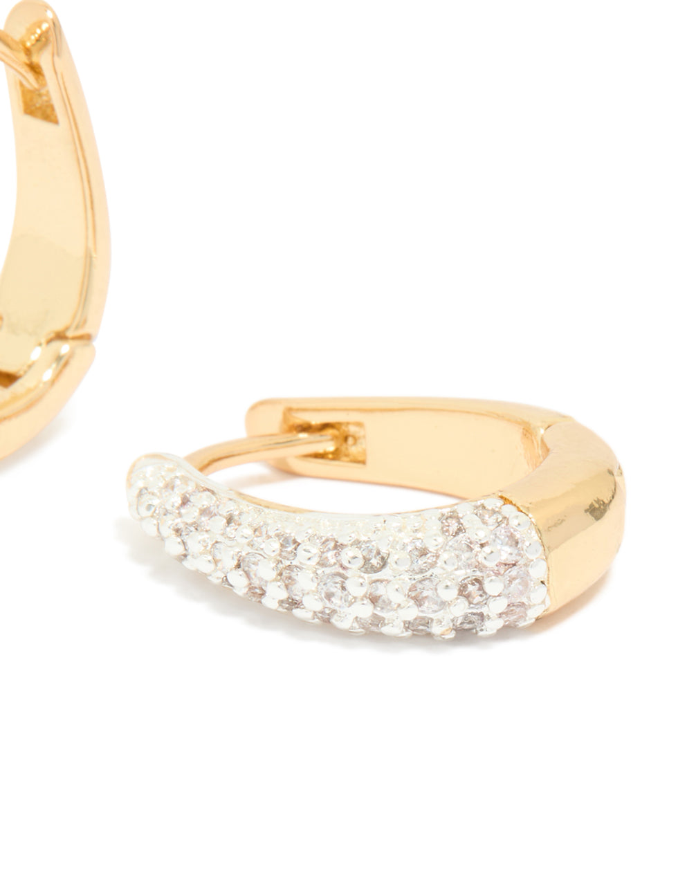 Crafted mixed metal plated small cubic zirconia teardrop huggie earrings with hoop closure in gold post detail view