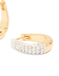 Crafted mixed metal plated small cubic zirconia teardrop huggie earrings with hoop closure in gold post detail view - link has visual effect only