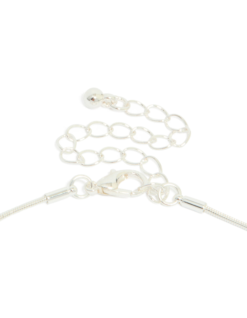 Detailed view of silver plated puffy square pendant necklace clasp detail view