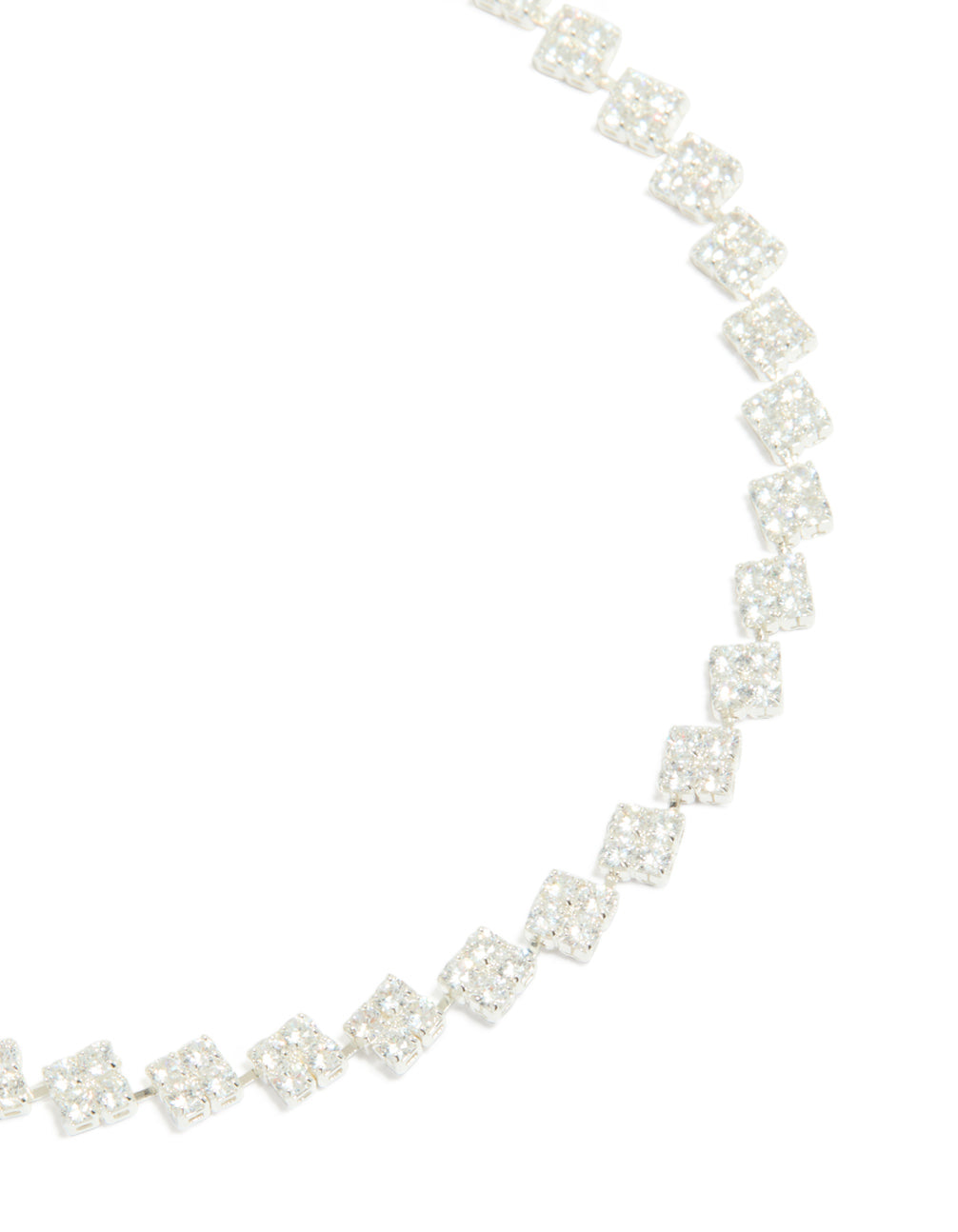 Showcasing silver plated cubic zirconia multi flower necklace in statement style close up view