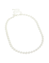 Beautifully crafted silver plated cubic zirconia multi flower necklace in statement style front view - link has visual effect only