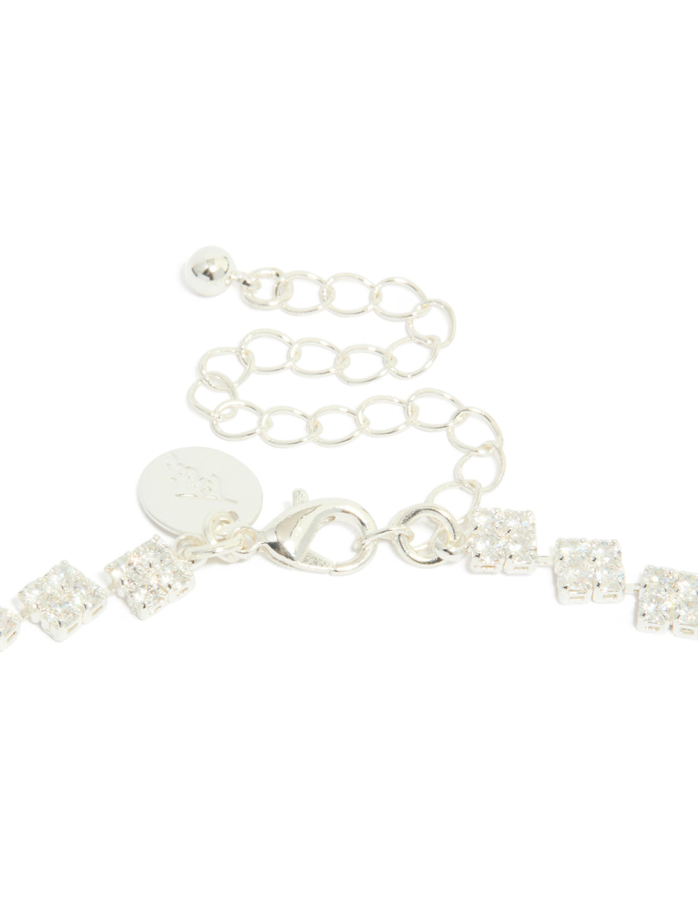 Highlighting silver plated cubic zirconia multi flower necklace in statement style clasp detail view