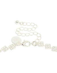 Highlighting silver plated cubic zirconia multi flower necklace in statement style clasp detail view - link has visual effect only