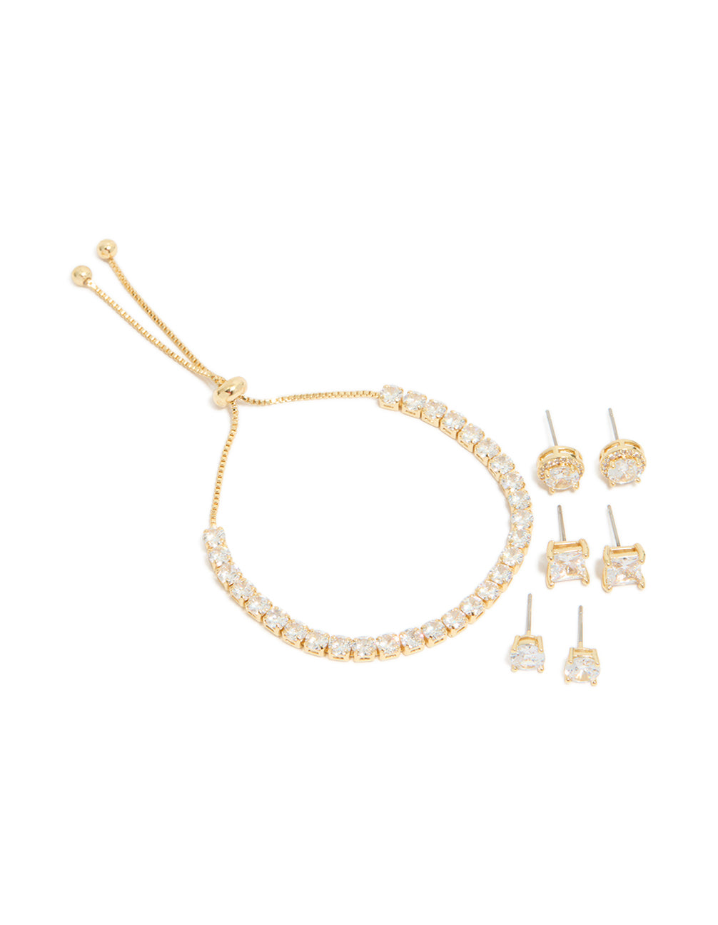 Gold Plated Cubic Zirconia Mixed Stud Earrings & Bracelet Set